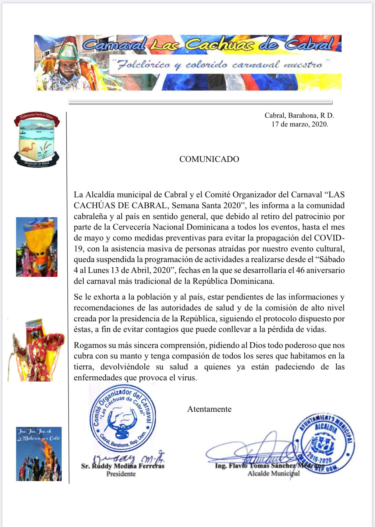 Suspenden Carnaval de Cabral por medidas preventivas sobre Coronavirus